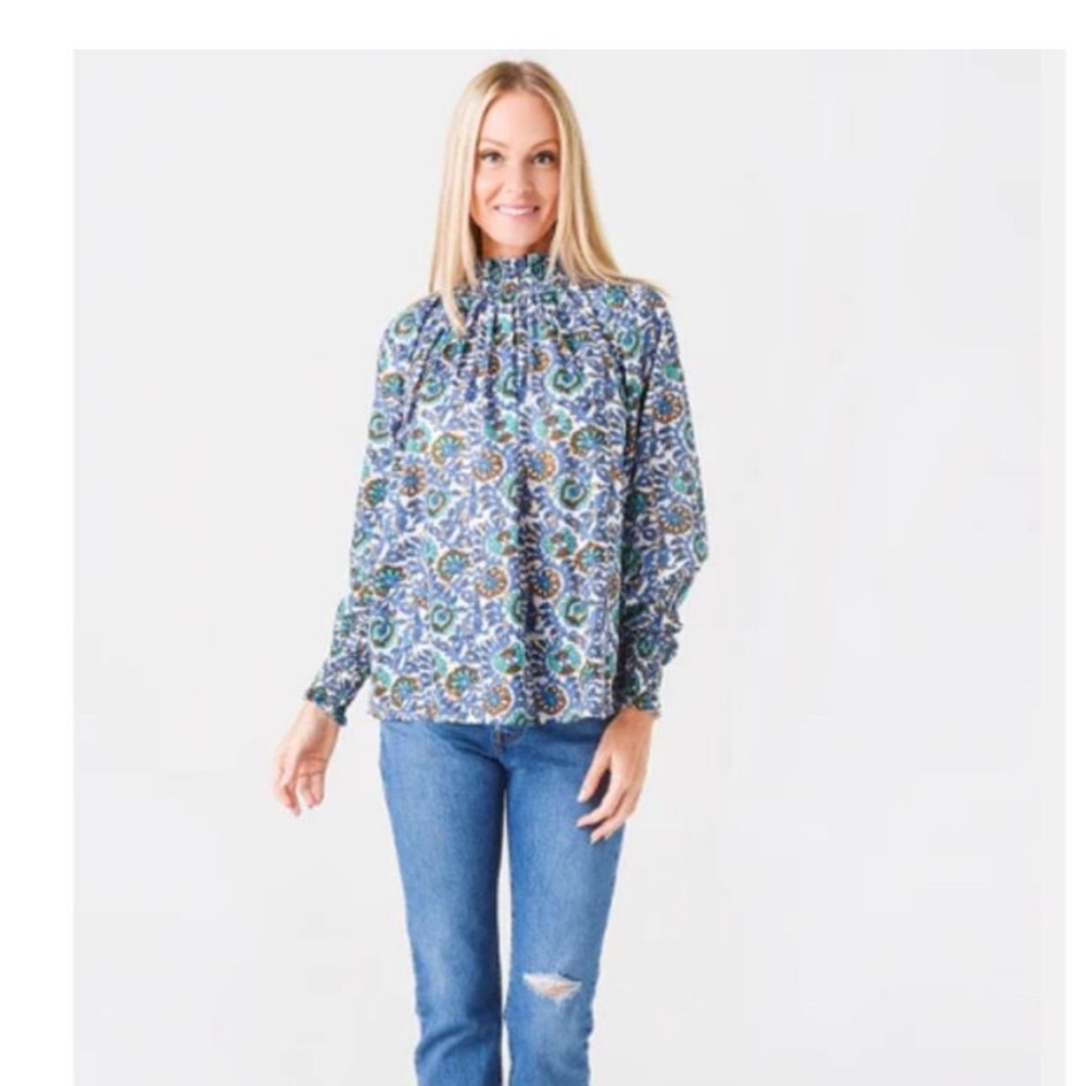 Oliphant Paisley Print High Neck Blouse in Blue Napa Gold